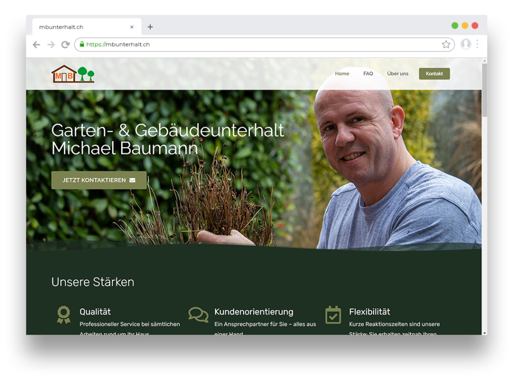 Ein Startseiten Mockup von der Webseite mbunterhalt.ch